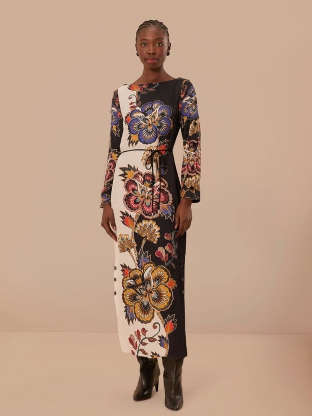 FARM Rio Black and White Maxi Floral Midi Dress Long Sleeves Women's Size M